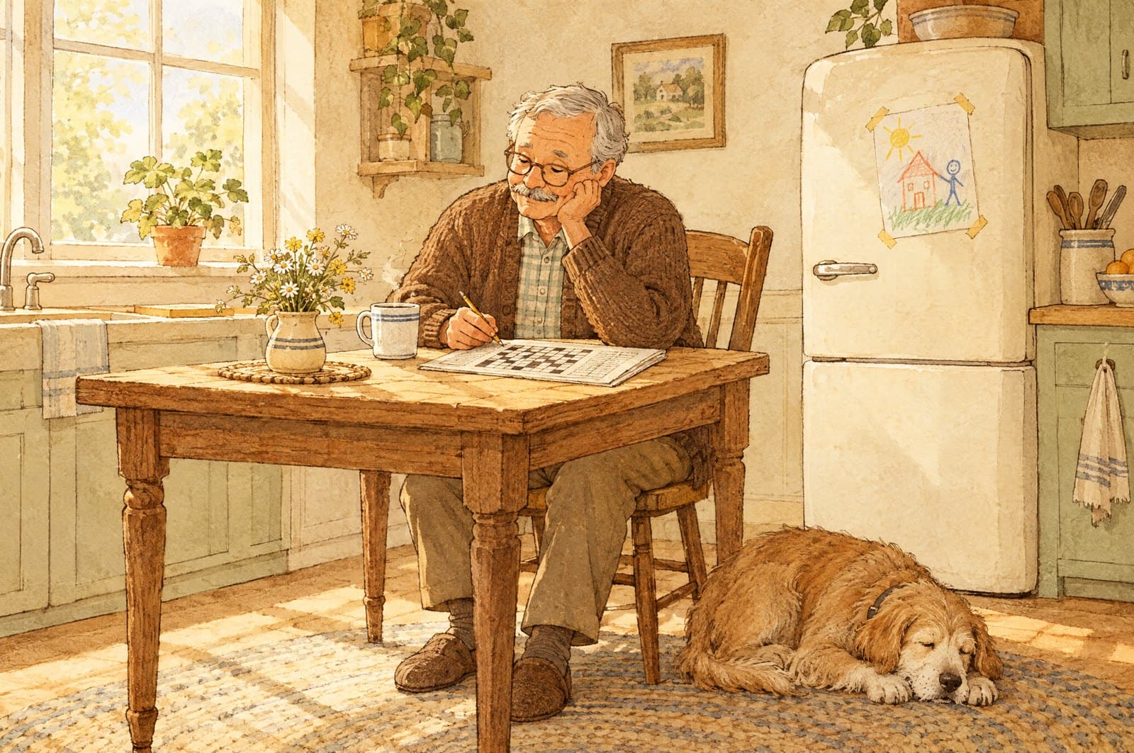 Illustration of an older man doing a crossword with a dog at his feet